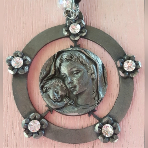 Vtg 60s Italy pewter Mary baby jesus Swarovski beads chunky chain necklace NWT - Picture 4 of 16